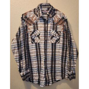 Western Plaid Button-Up Shirt Embroidered Design Brown/White Pattern Long Sleeve